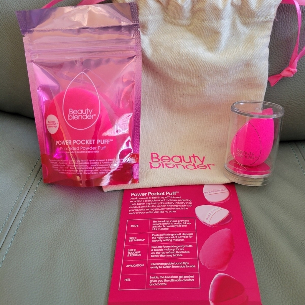 Beauty Blender Bundle - Original Blender Sponge, Power Pocket Puff & Cloth Pouch